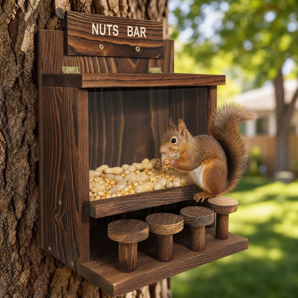 wooden squirrel feeder, squirrel bar feeder with 4, side view