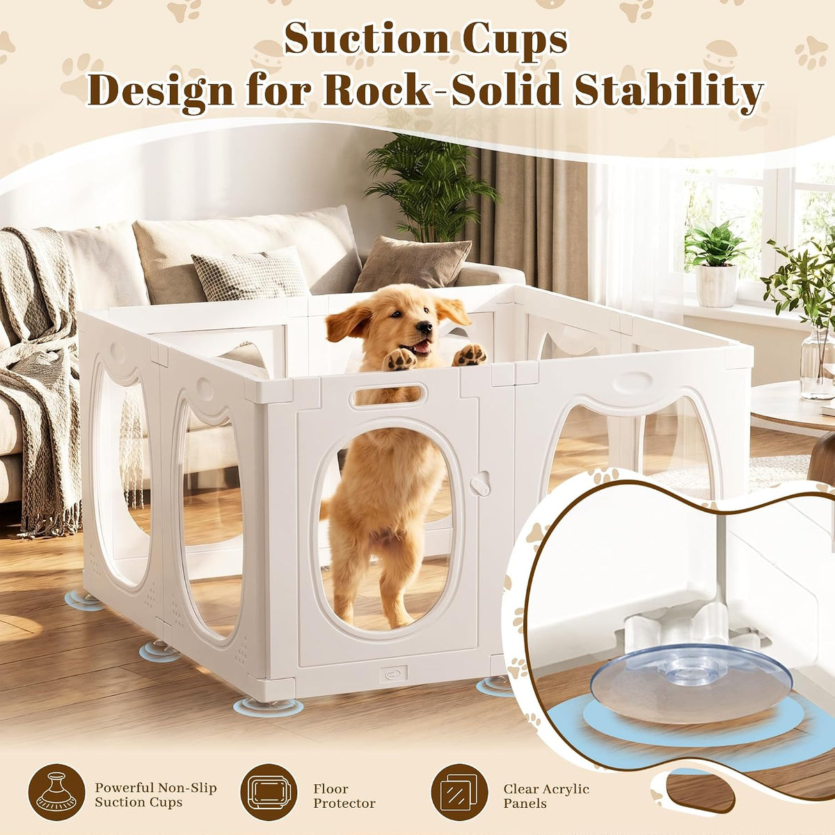 clear acrylic dog playpen indoor with toy & showing dimensions