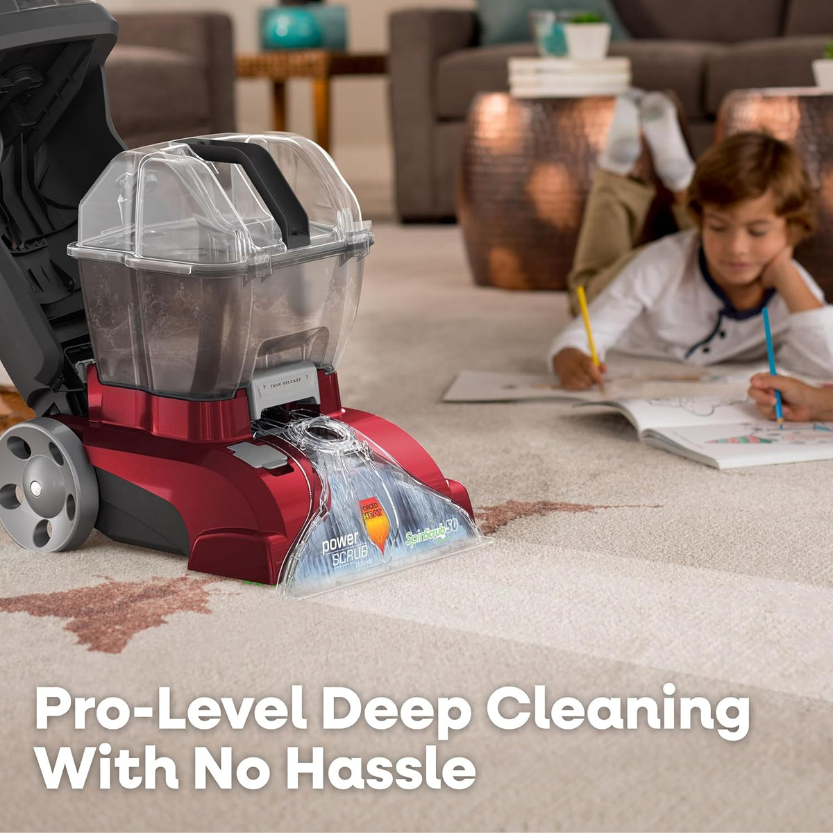 hoover powerscrub deluxe carpet cleaner machine, pet & shown in use