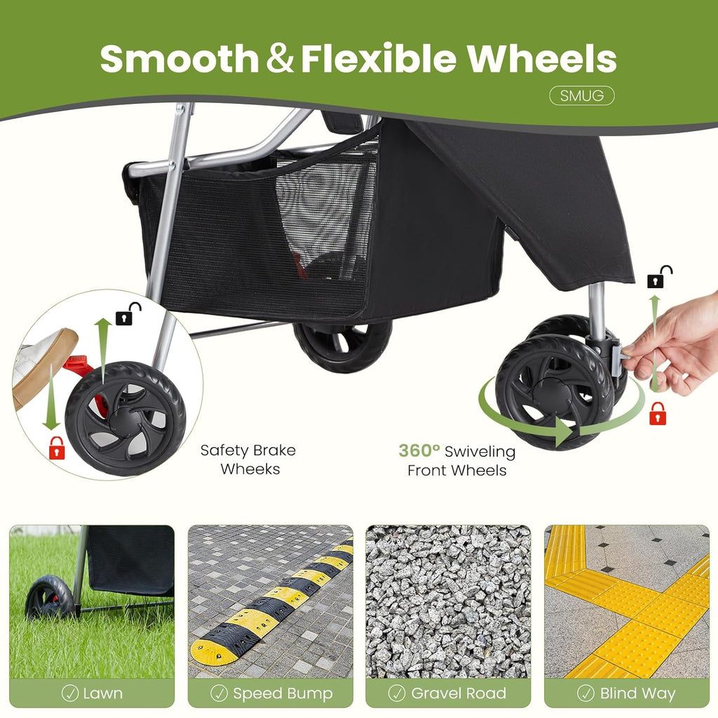 3 wheel dogs stroller for small to medium showing dimensions