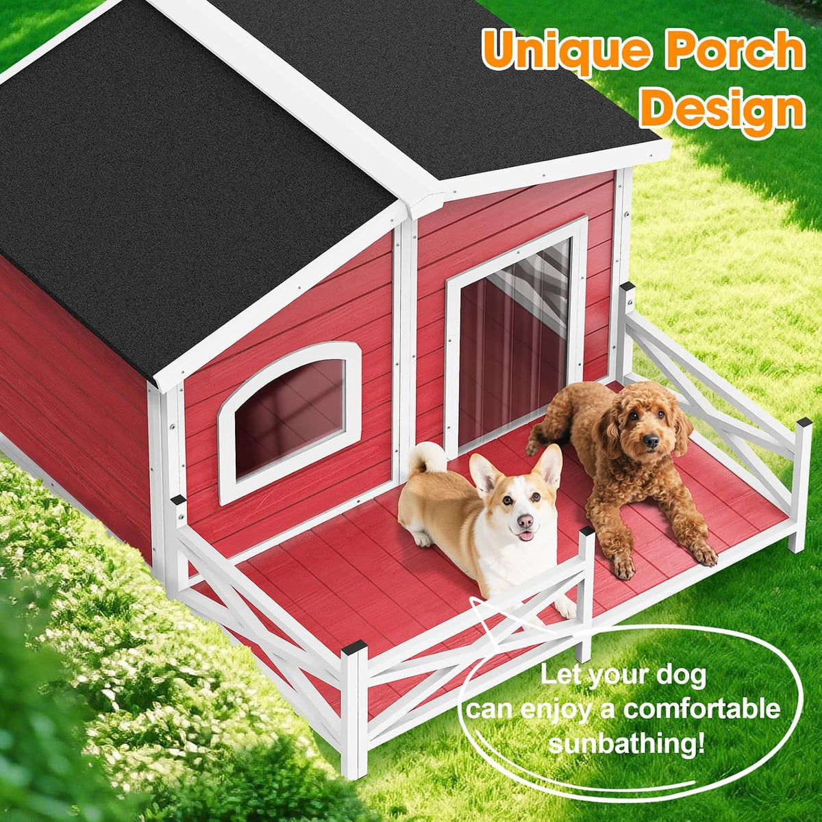 large dog house with porch, outdoor dog house, close-up detail