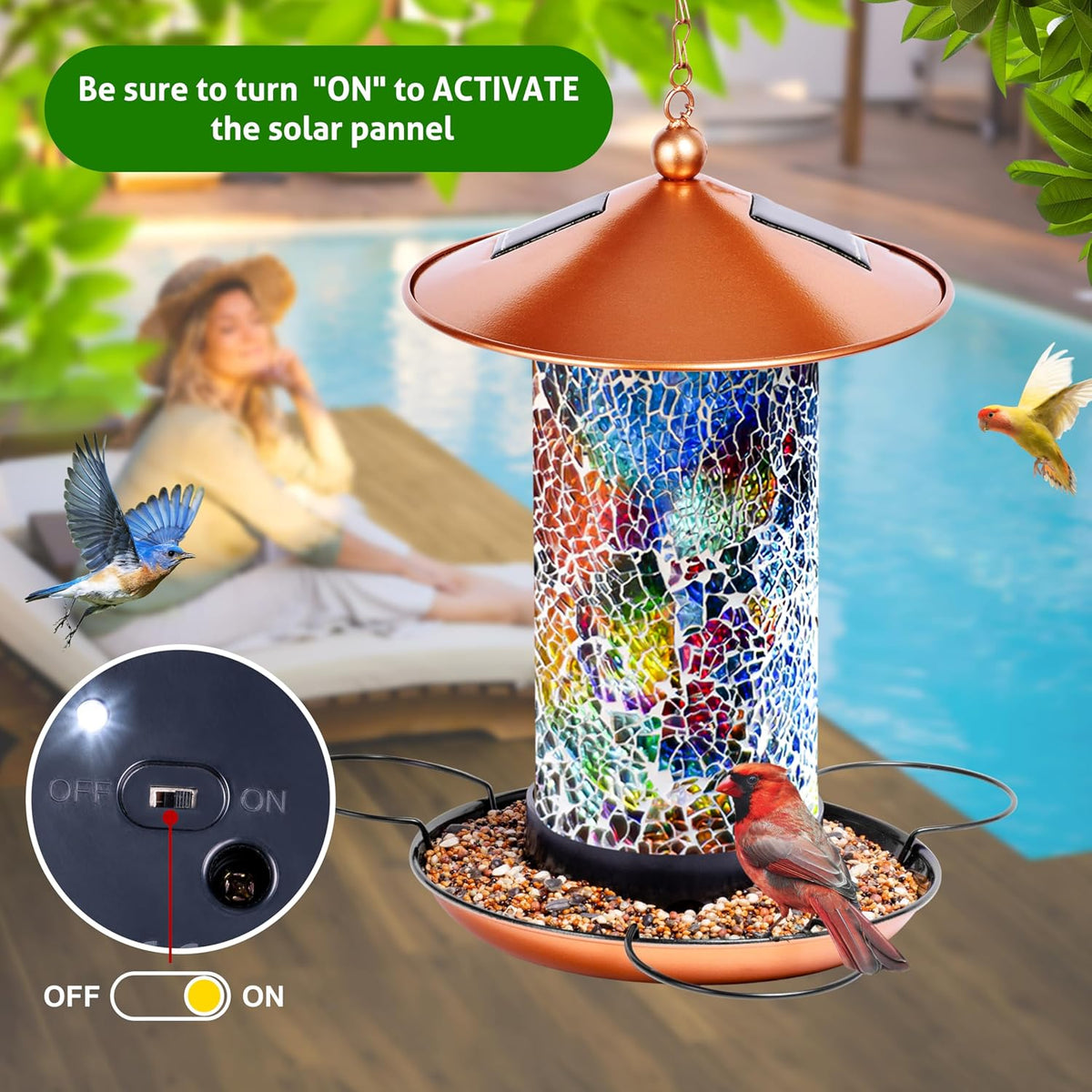 xdw-gifts mosaic solar wild bird feeder, waterproof lantern showing dimensions
