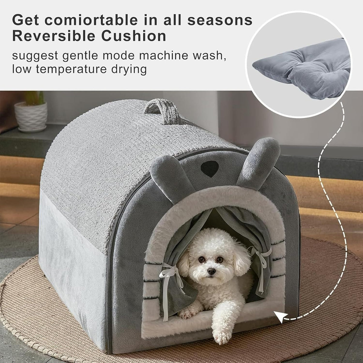 cute small dog cave bed with door curtain, side view