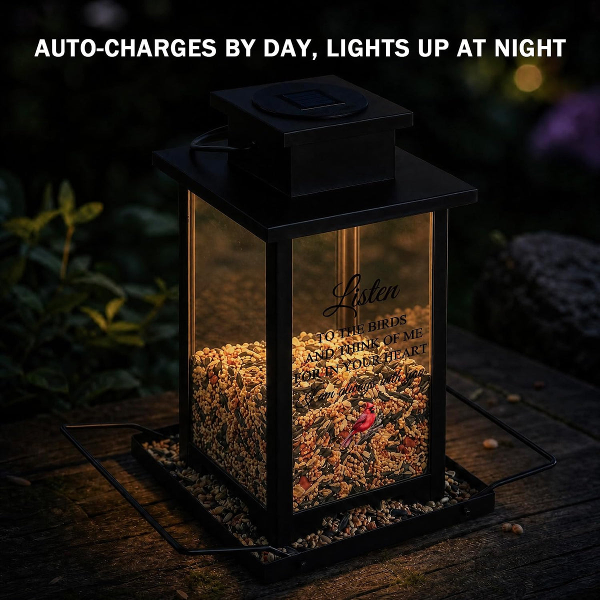solar memorial bird feeder for outdoors, sympathy gifts, side view
