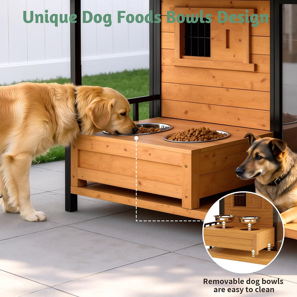 large dog house with porch & dog bowls, side view