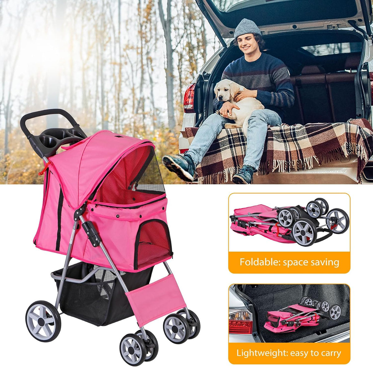 4 wheels dog stroller folding pet strolling cart, close-up detail