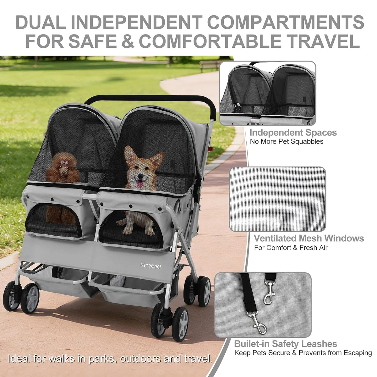 double pet stroller for 2 small dogs & shown in use