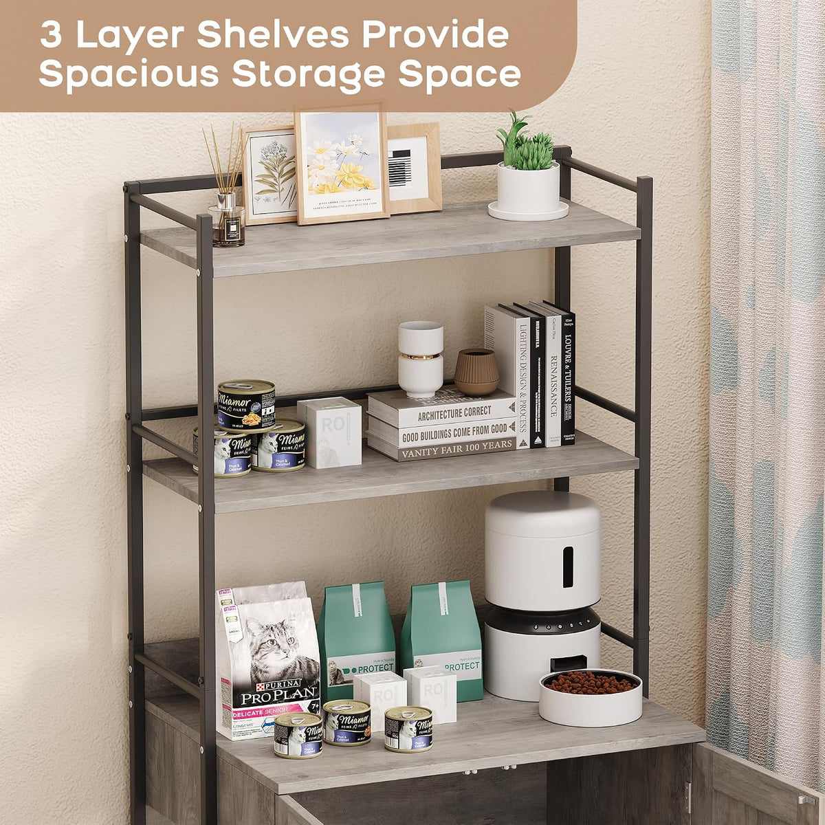 cat litter box enclosure with storage 2-in-1 hidden, side view