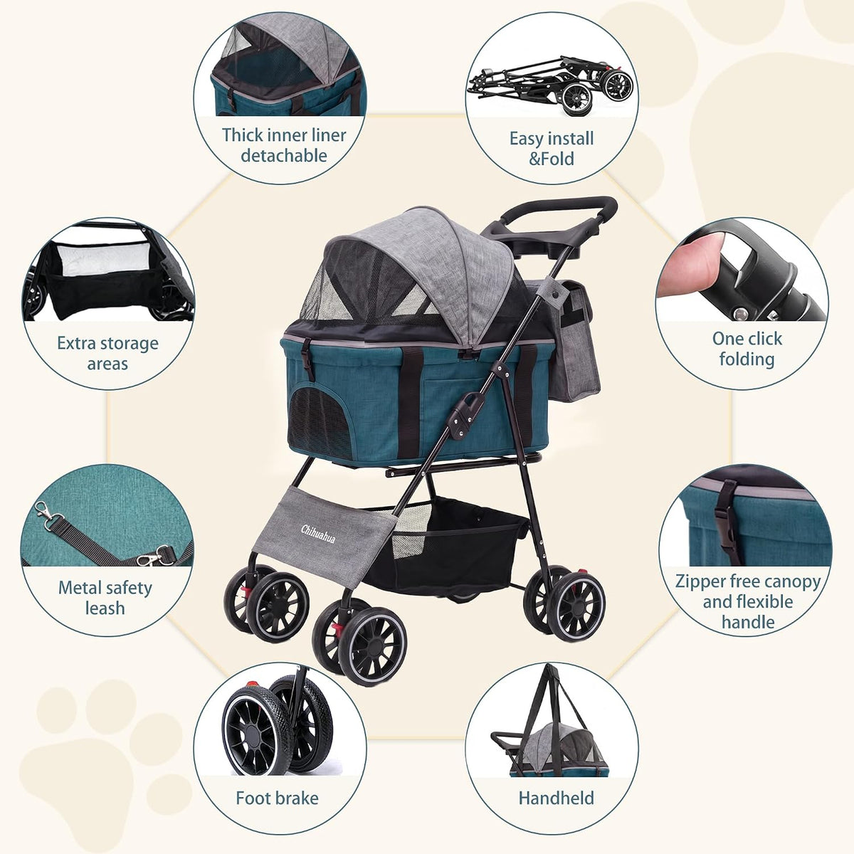 2-in-1 foldable pet stroller 4-wheel for small dogs, side view