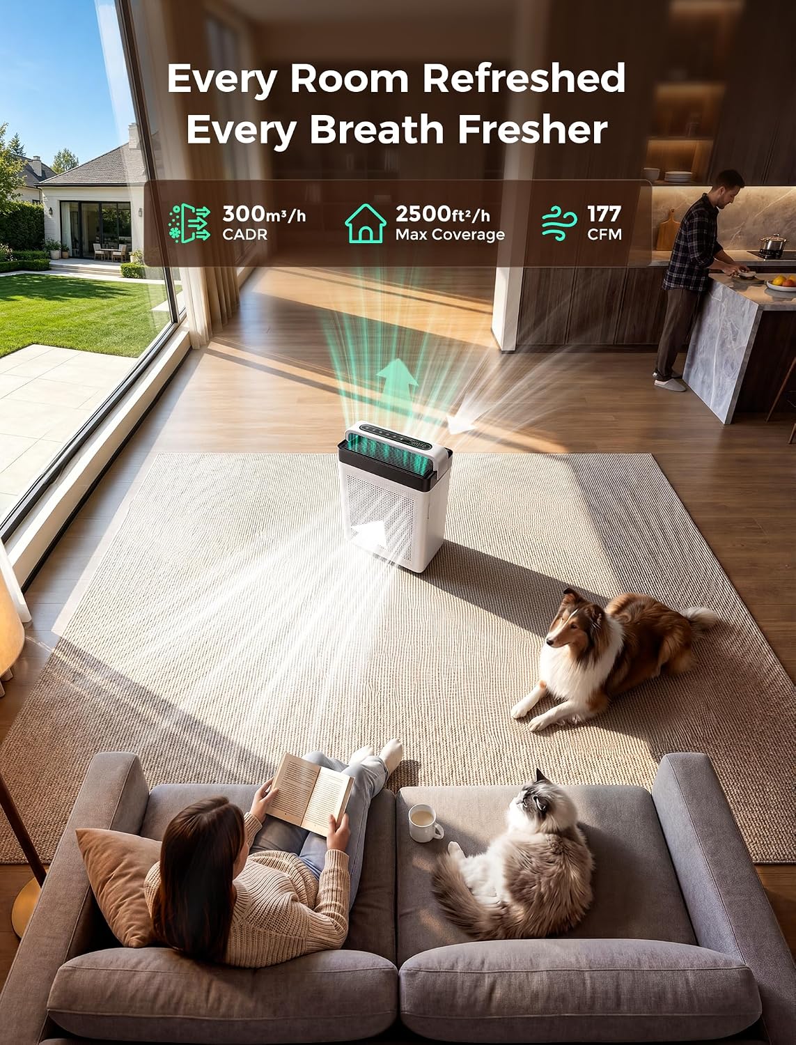 pet air purifier for home dual-sided intake, high-activated shown in use