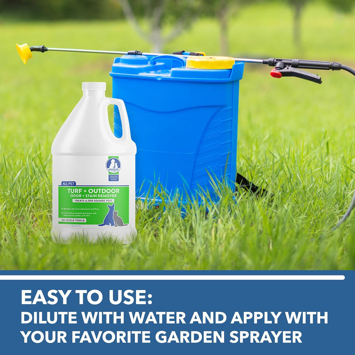 unique turf & outdoor odor and stain remover, side view