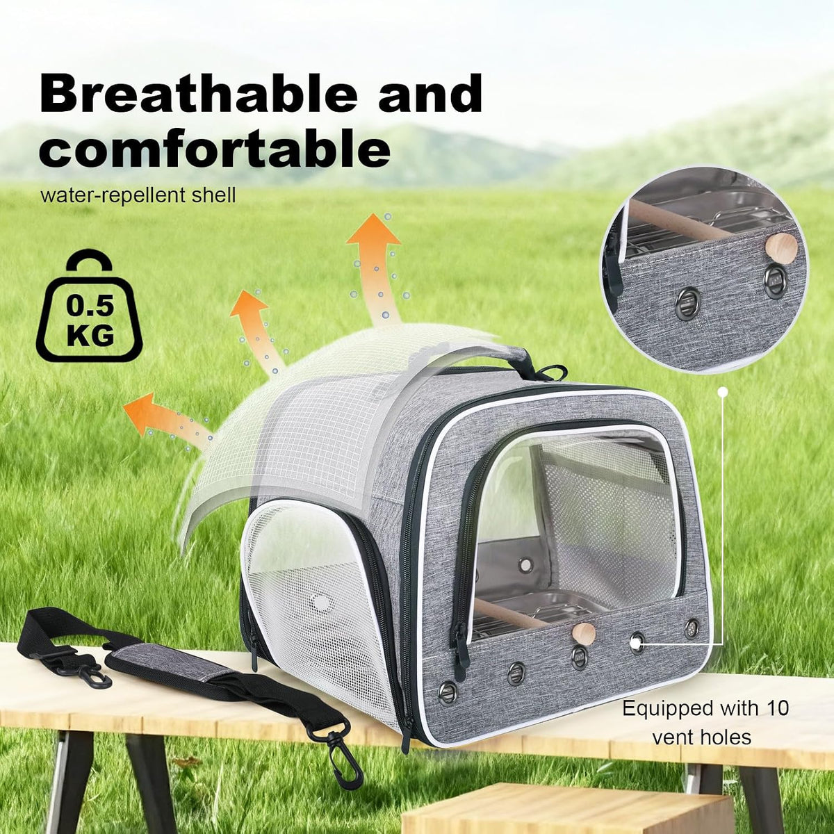 bird transport carrier for large bird with perch, side view