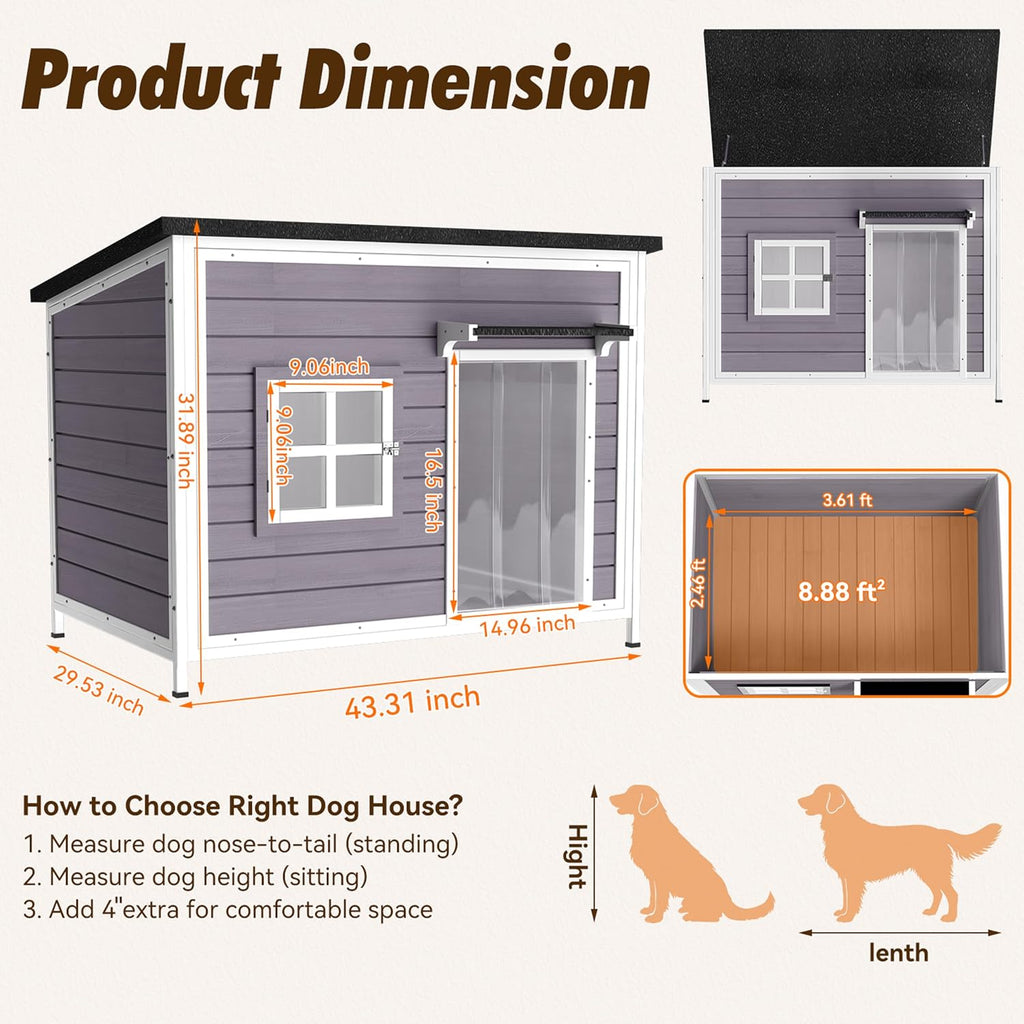 43" large wooden outdoor dog house with insulated shown in use