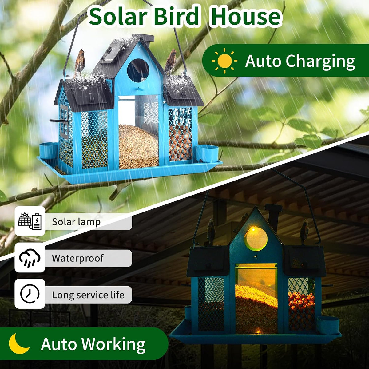 solar bird feeders house for outside hanging, metal, side view