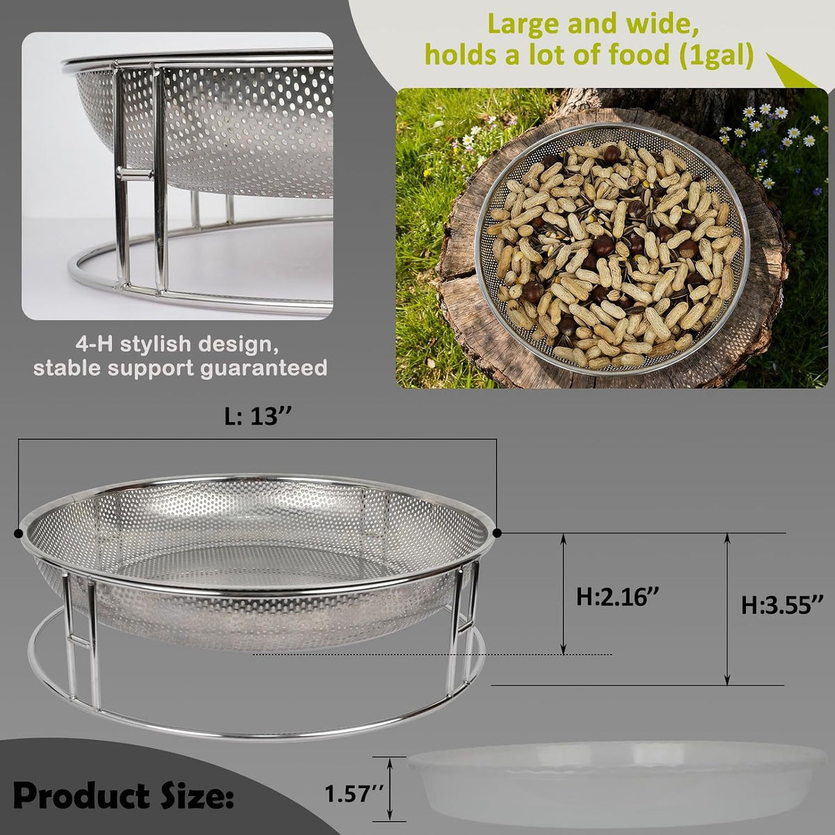 13-inch ground bird feeder and bath combo, stainless shown in use
