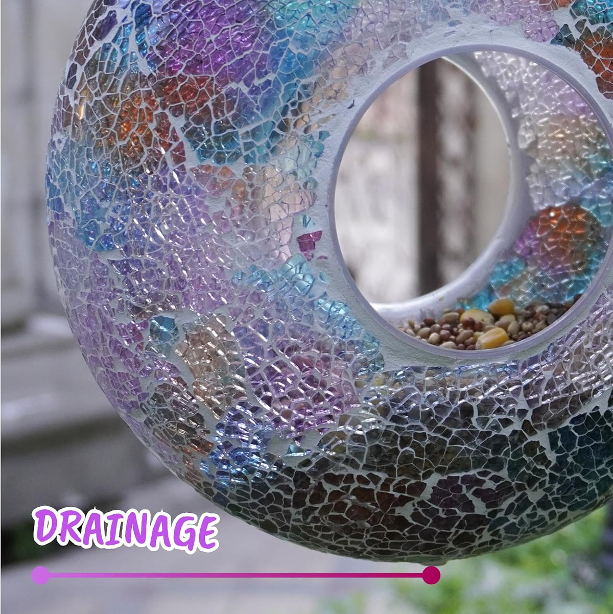 fly through mosaic glass bird feeder with solar showing dimensions