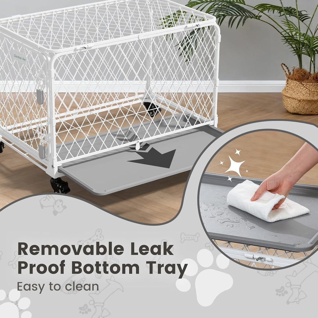 42 inch collapsible dog crate with diamond mesh on a desk or shelf