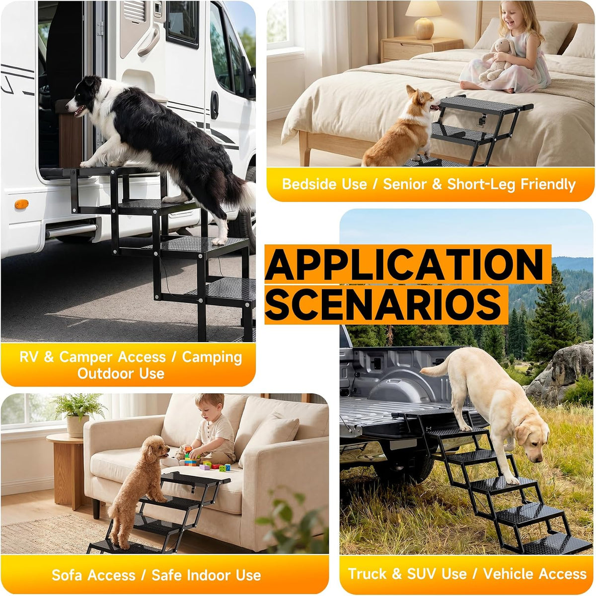 6-step dog stairs for car, foldable pet steps showing dimensions