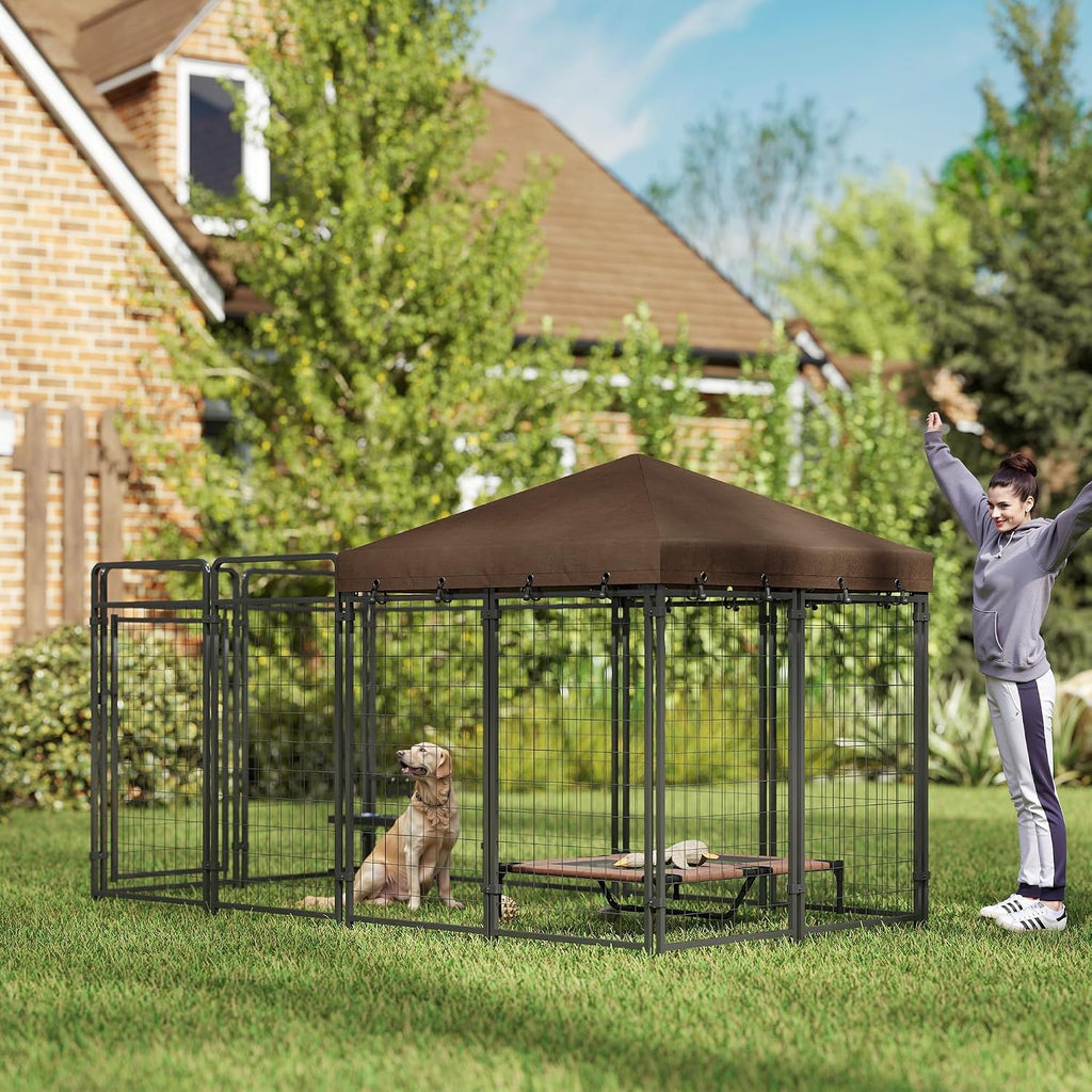 pawhut dog kennel outdoor with waterproof canopy, dog, front angle view