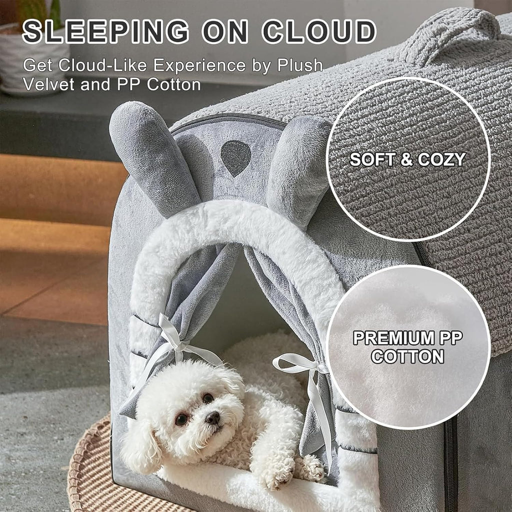 cute small dog cave bed with door curtain showing dimensions