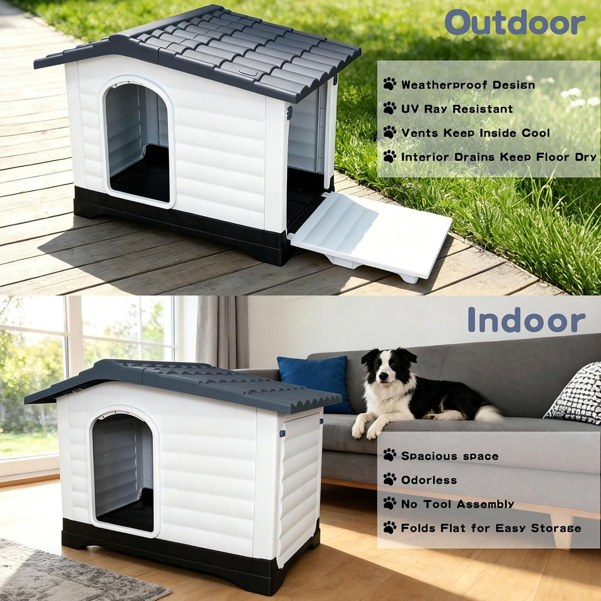 2-door small dog house for indoor and outdoor showing dimensions