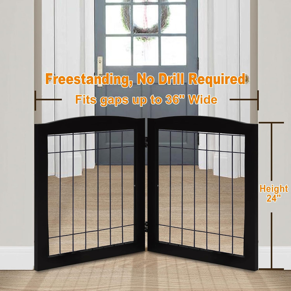 lzrs 2-panel freestanding foldable wood dog gate – shown in use