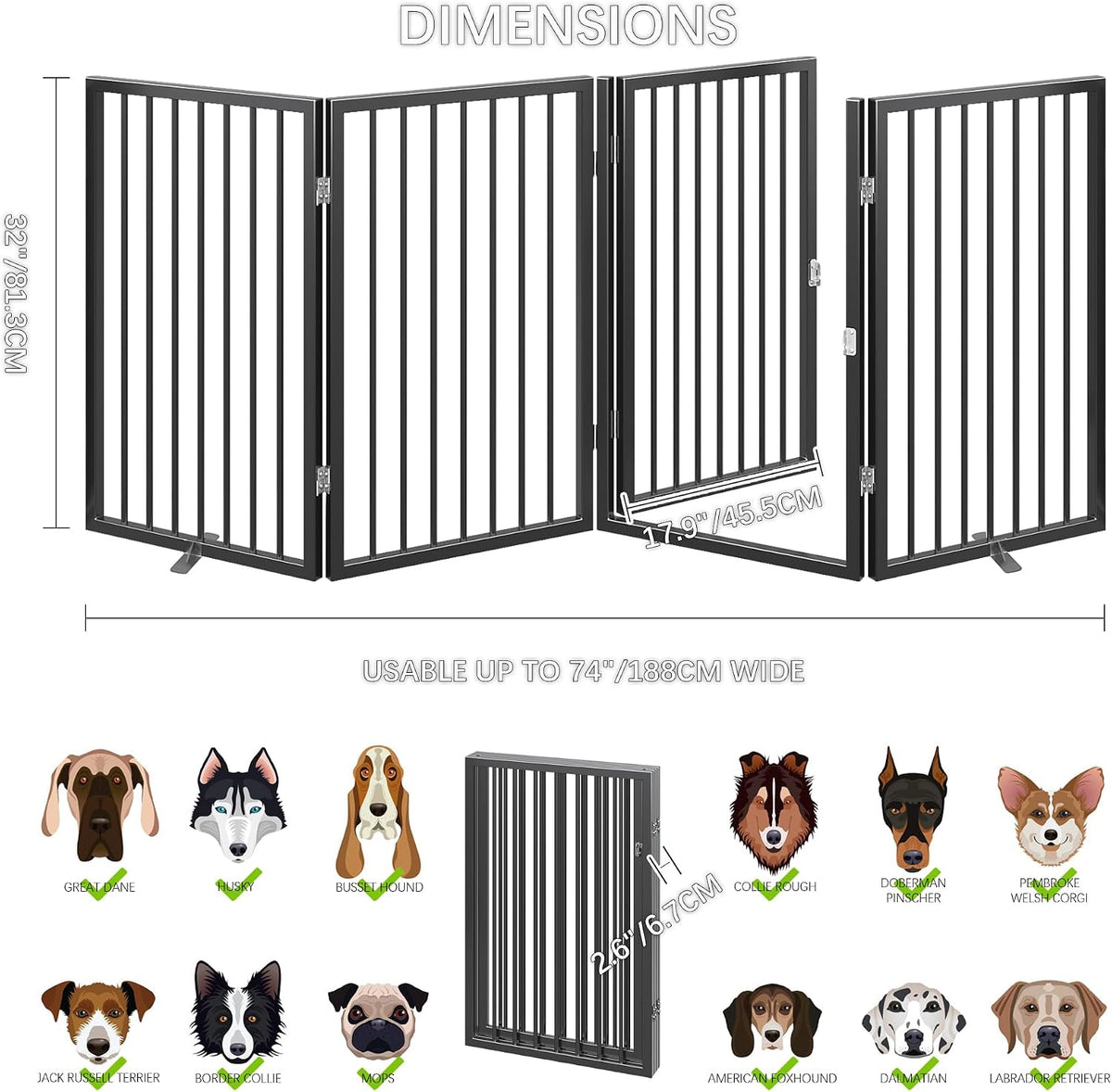 vantas 80" x 32" foldable freestanding extra wide showing dimensions
