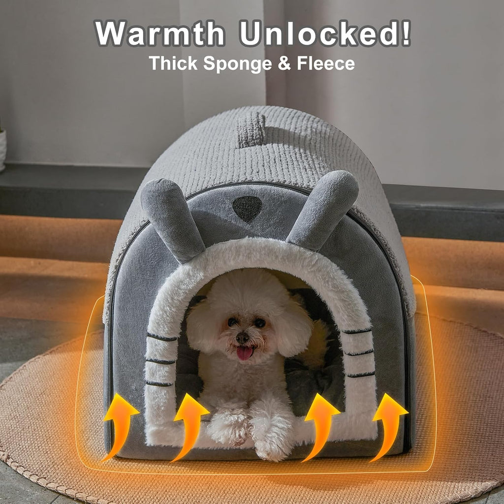 cute small dog cave bed with door curtain shown in use