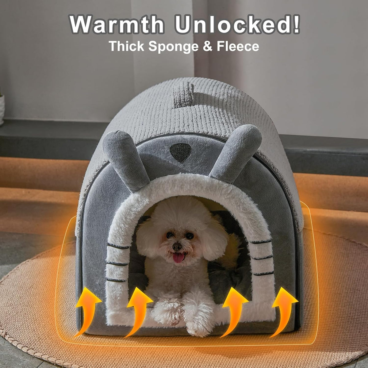cute small dog cave bed with door curtain shown in use