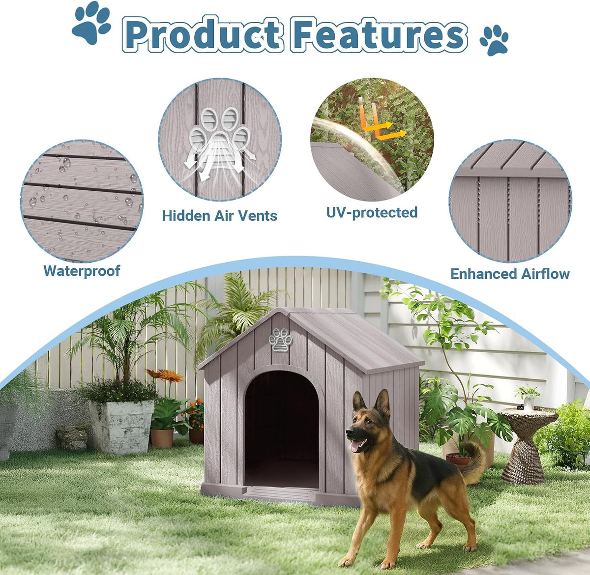 dog house outdoor weatherproof，waterproof resin outside dog house, side view
