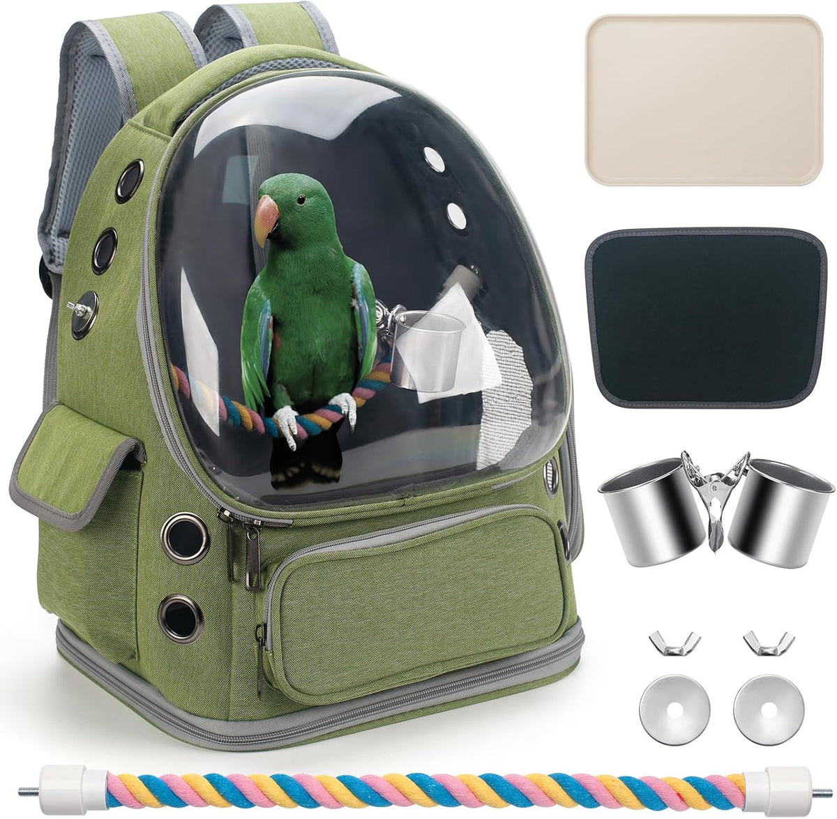 bird backpack carrier travel cage with perch, tray shown in use