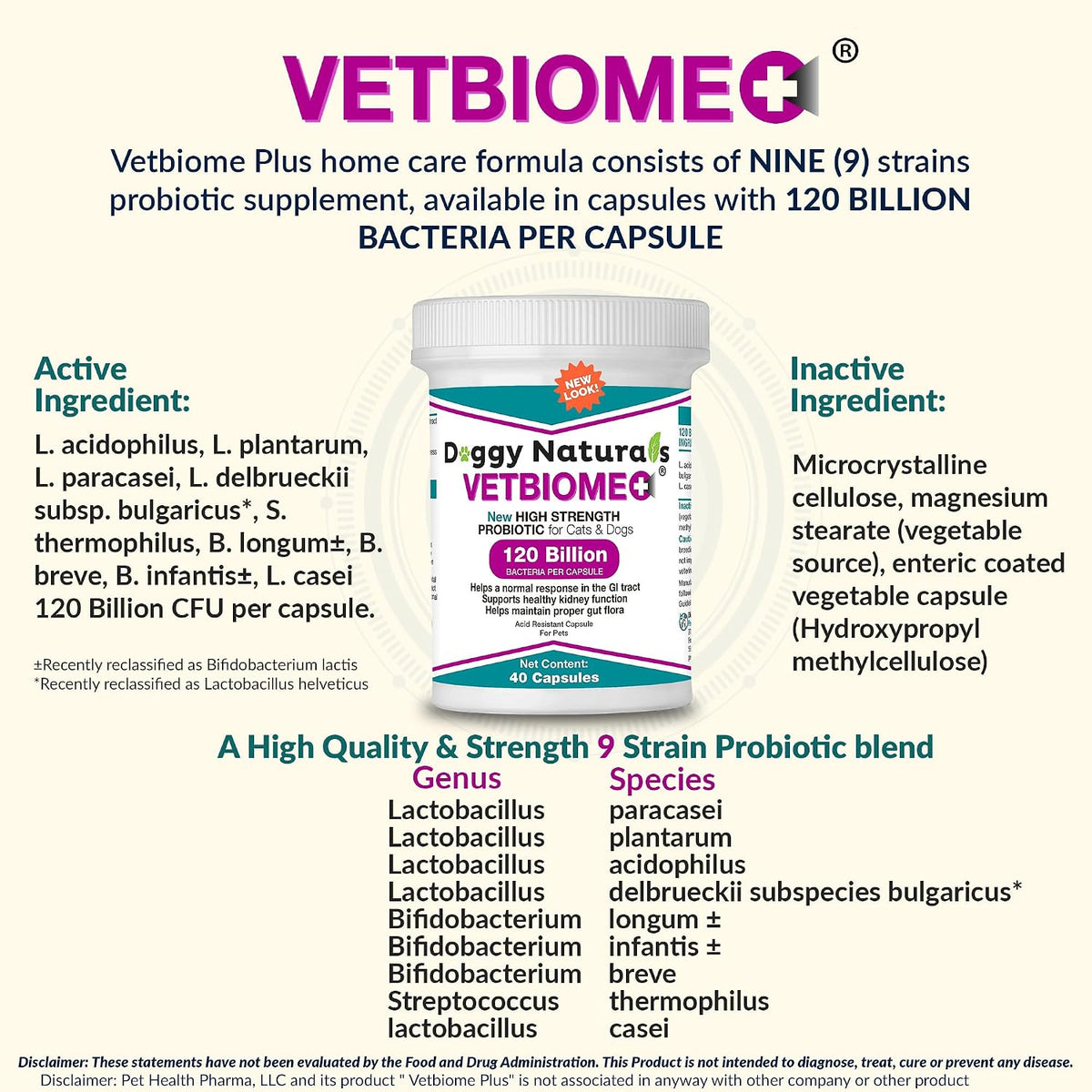 vetbiome plus high strength probiotics for pets (120, close-up detail