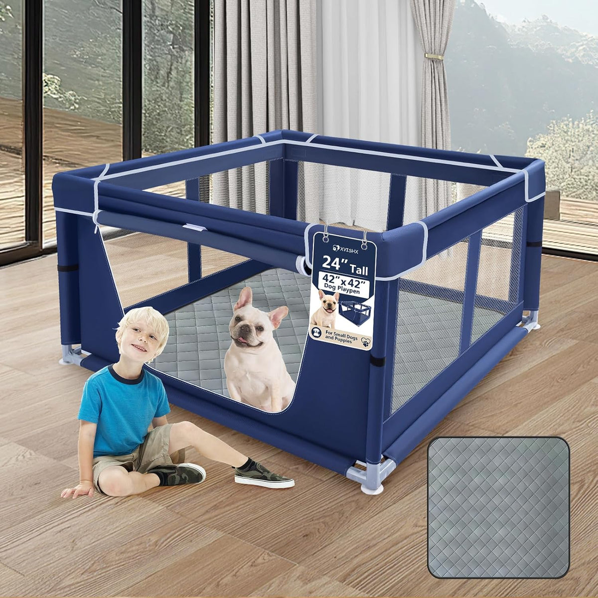 xvishx 42x42 inches puppy playpen with dog pads, main product view