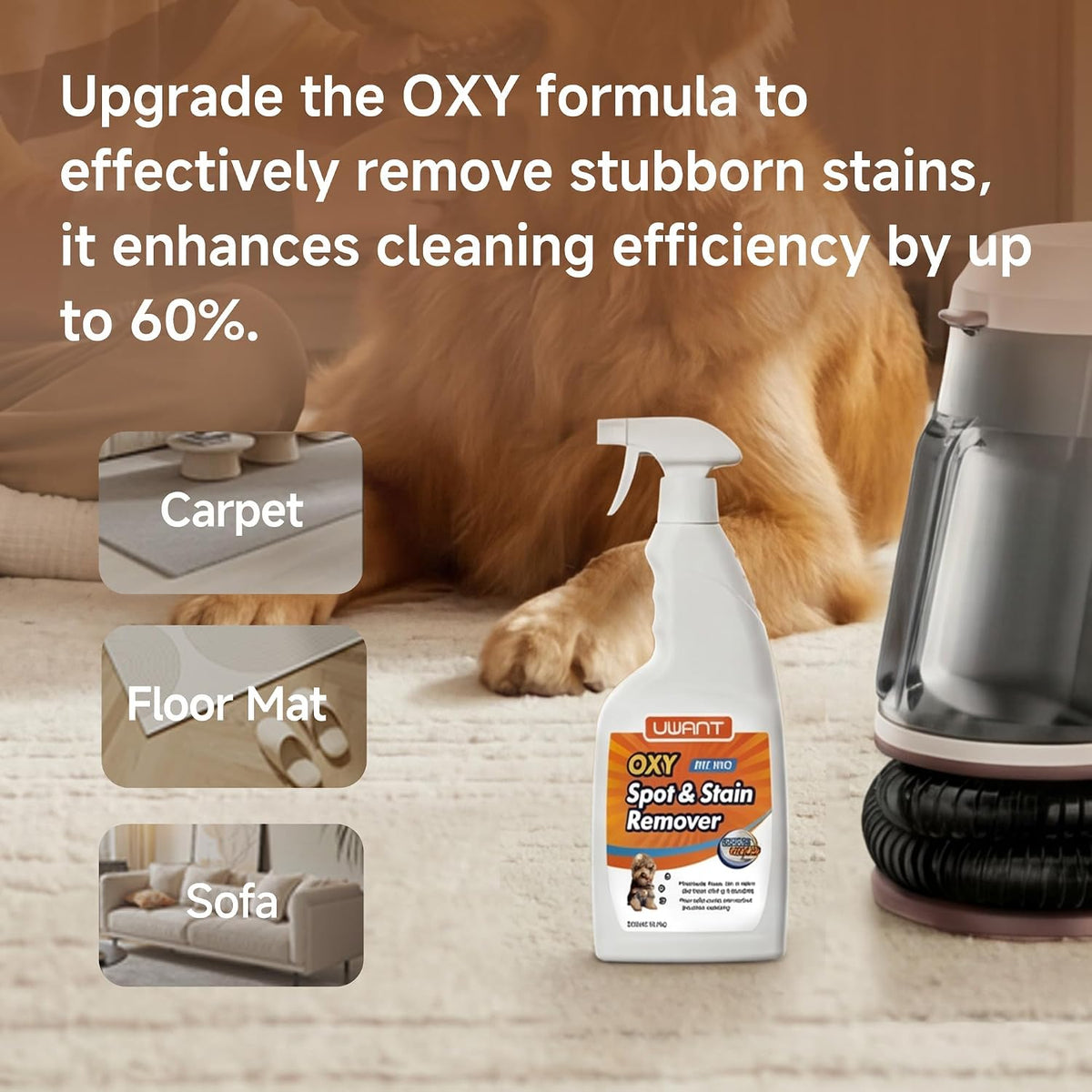 uwant 22kpa carpet cleaner machine with odor eliminator, side view