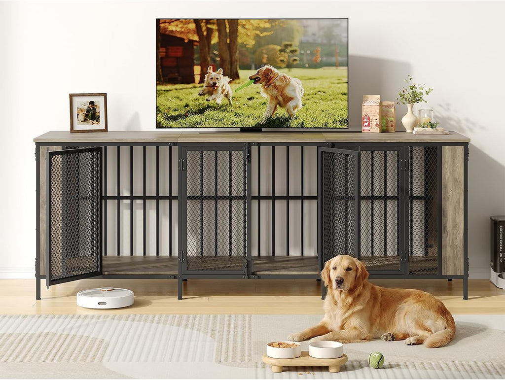 onbrill 87" gray dog crate furniture tv stand shown in use