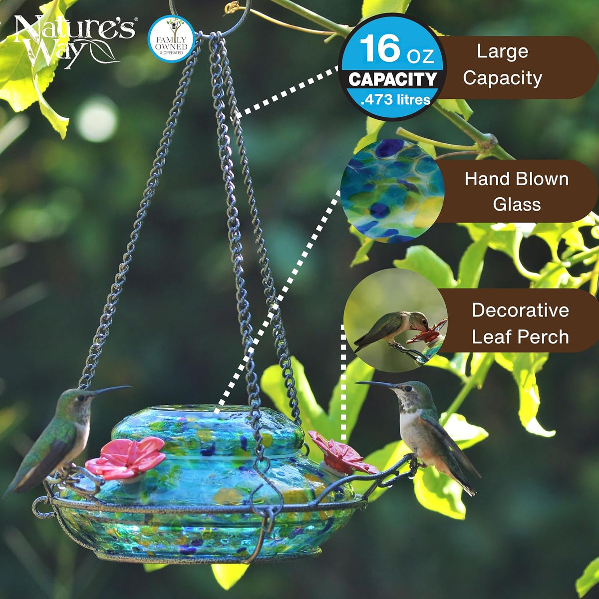 nature’s way blue spring rain artisan glass top-fill showing dimensions