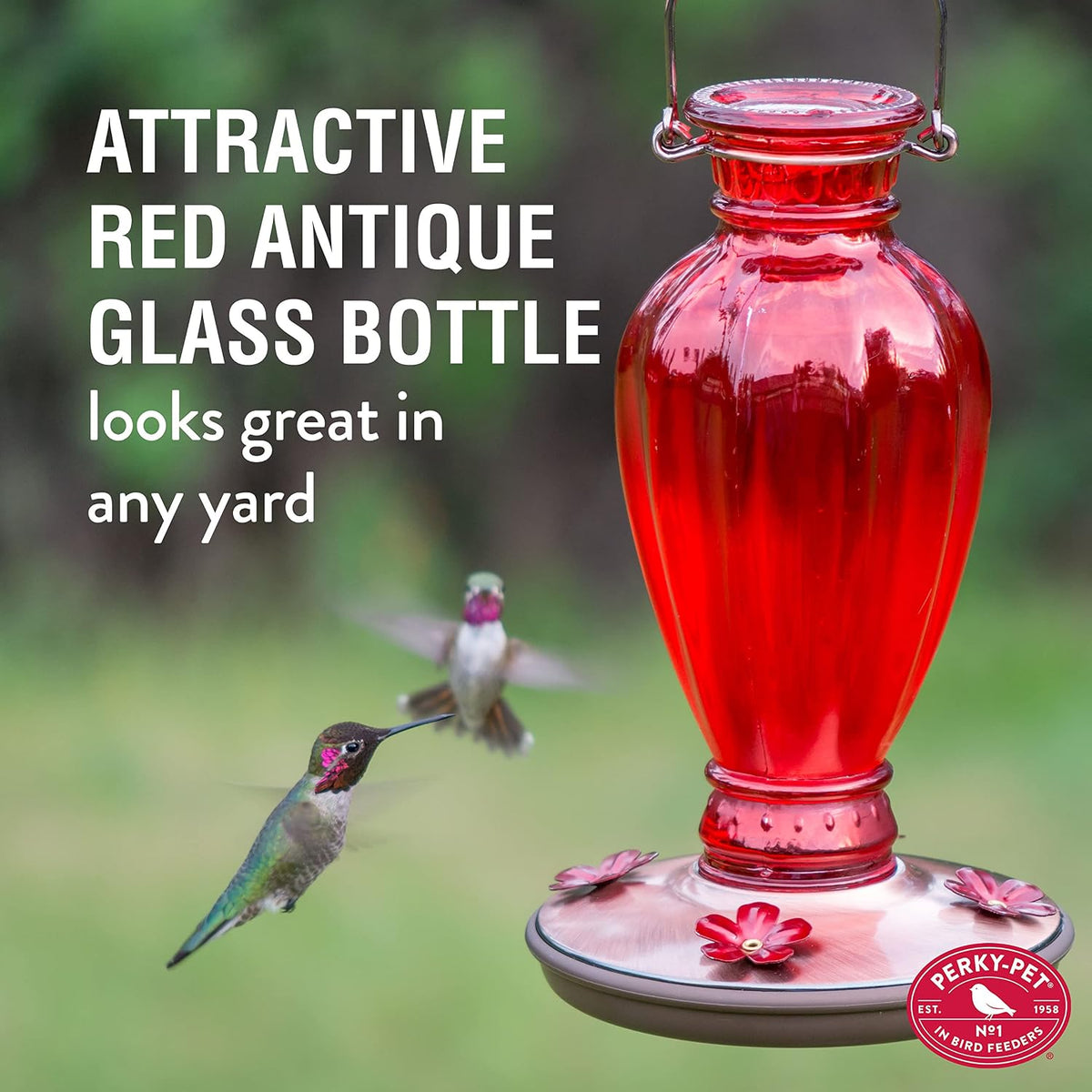 perky pet 8133-2 daisy vase vintage glass hummingbird, close-up detail