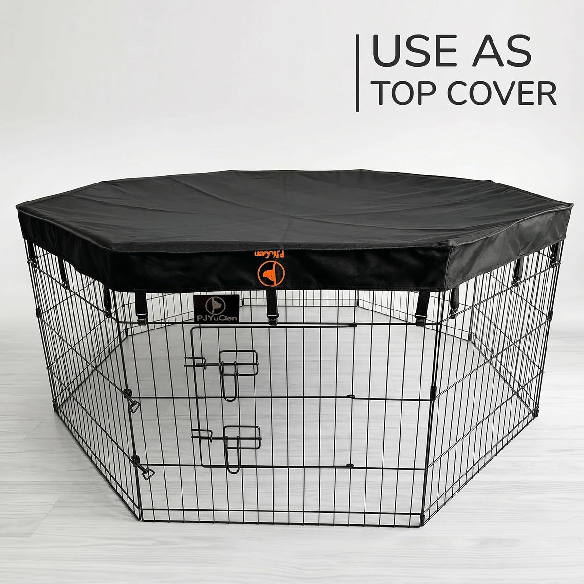 pjyucien puppy playpen with bottom pad and door shown in use
