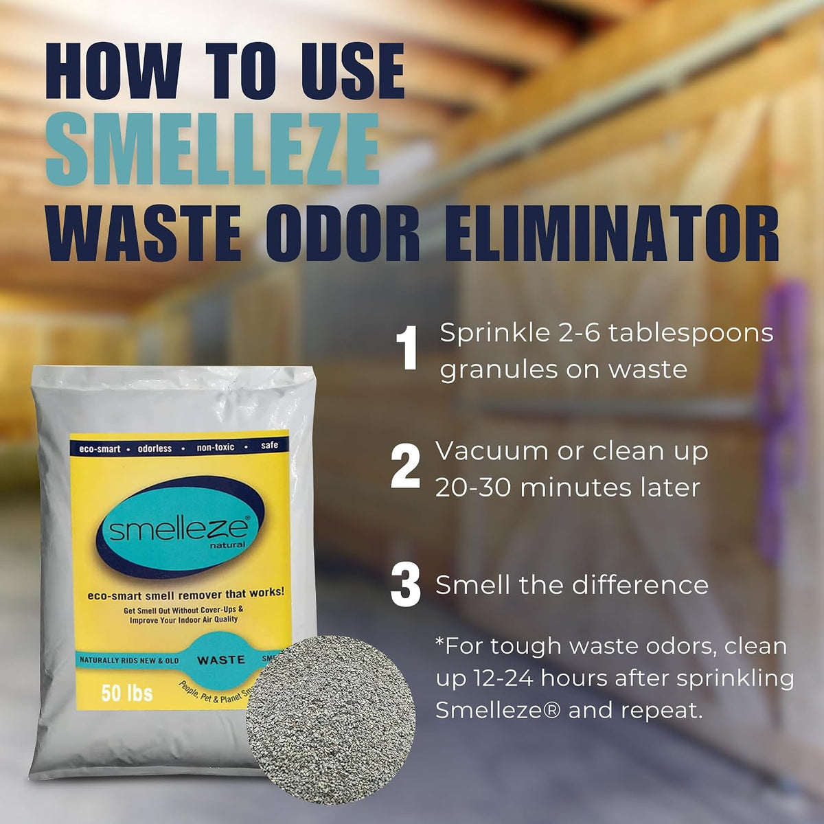 smelleze animal waste & manure smell removal granules showing dimensions