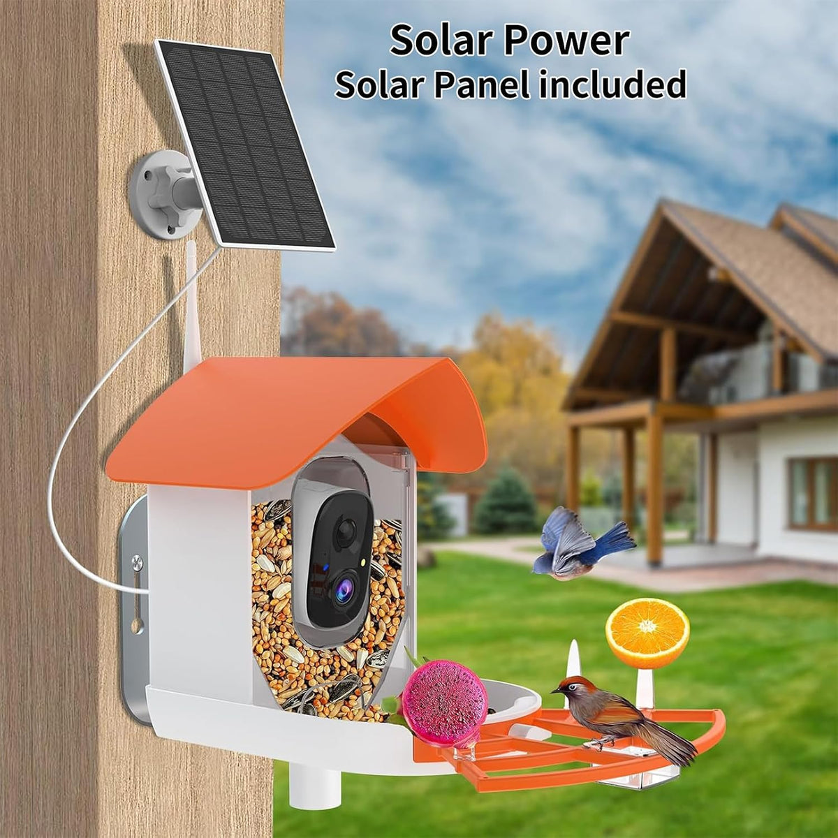 fazoxo bird feeder with camera,birds house camera,solar powered,orange, close-up detail