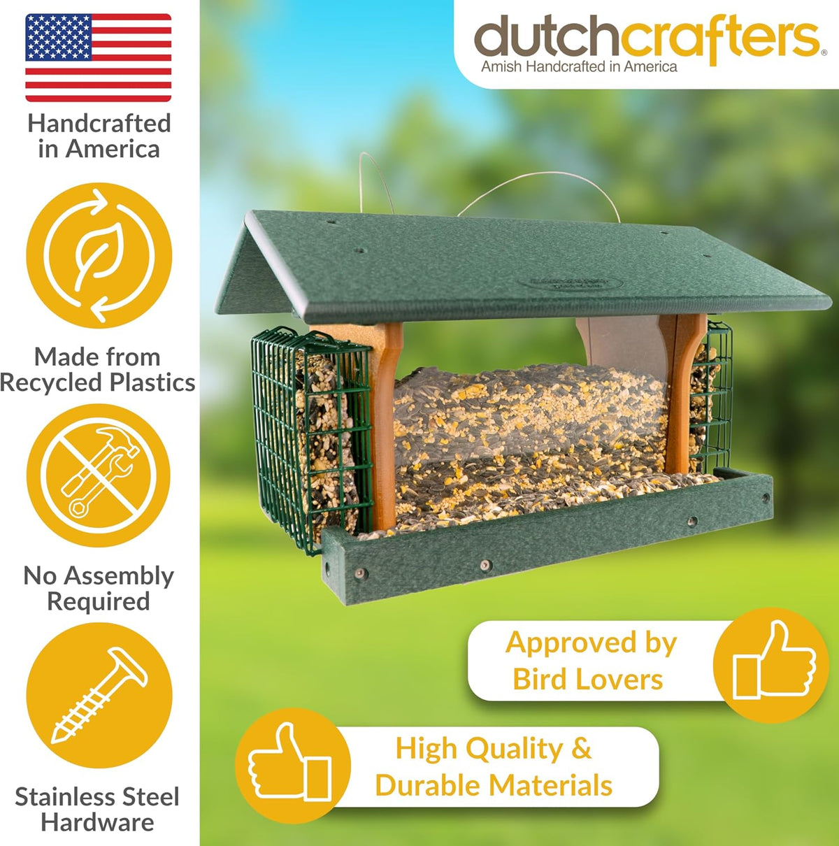 dutchcrafters poly hanging large hopper bird feeder with, close-up detail