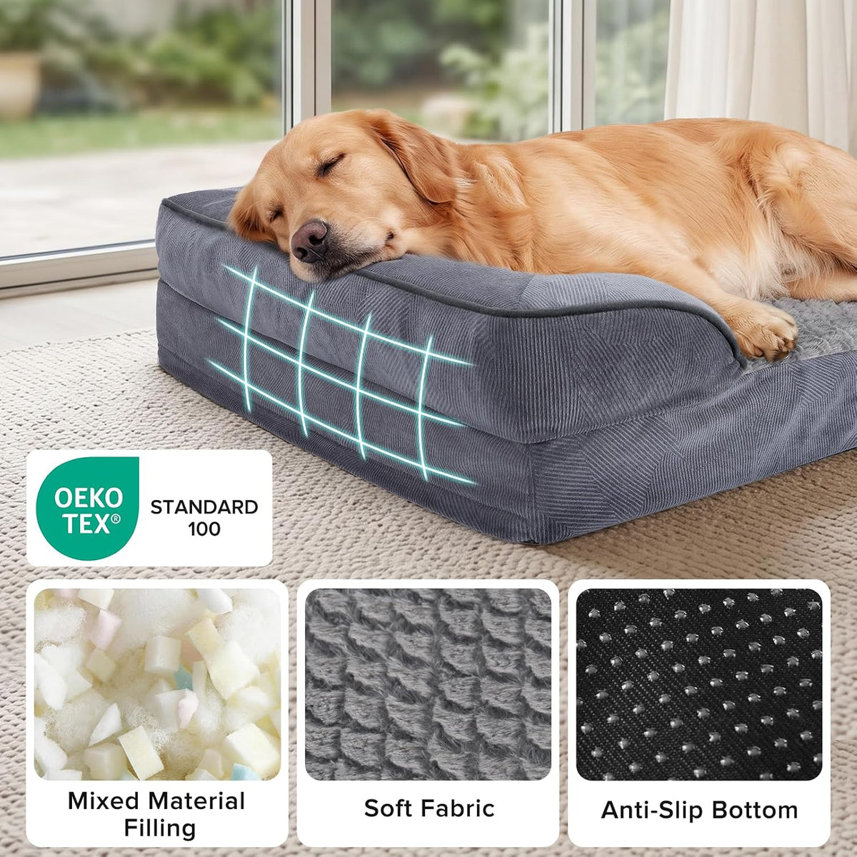 invenho orthopedic dog beds large sized, xl washable showing dimensions