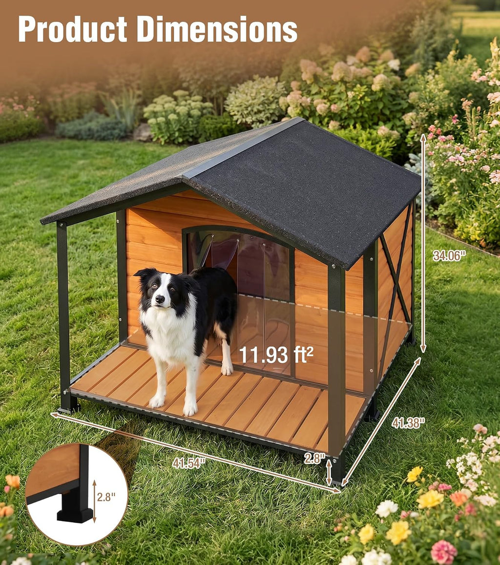 extra large dog house outdoor with full iron, front angle view
