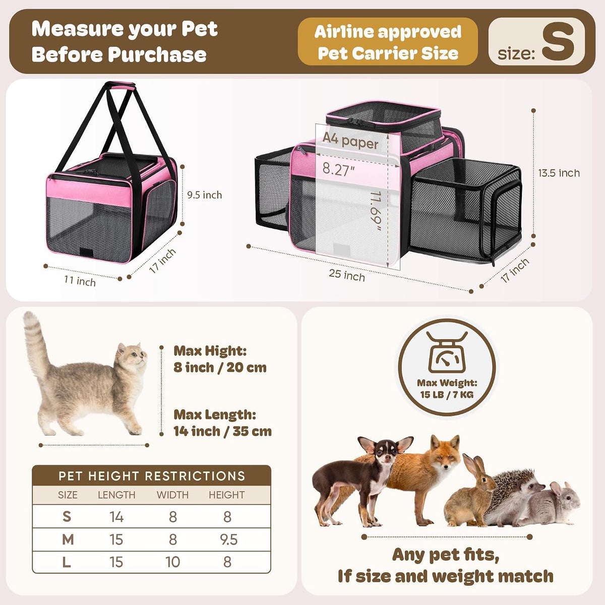 top and 2 sides expandable pet carrier 17x11x9.5, side view