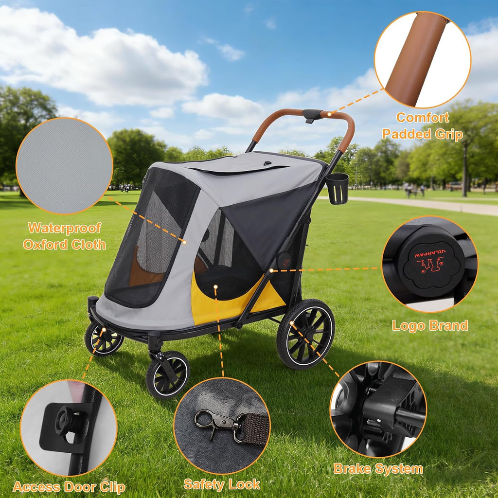 dog stroller for large-dogs: easy fold dual entry showing dimensions
