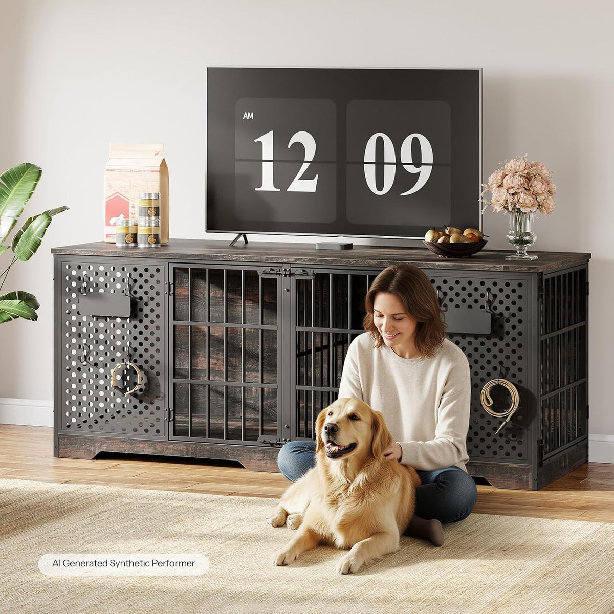 hoobro 71" dog crate furniture for 2 large, close-up detail