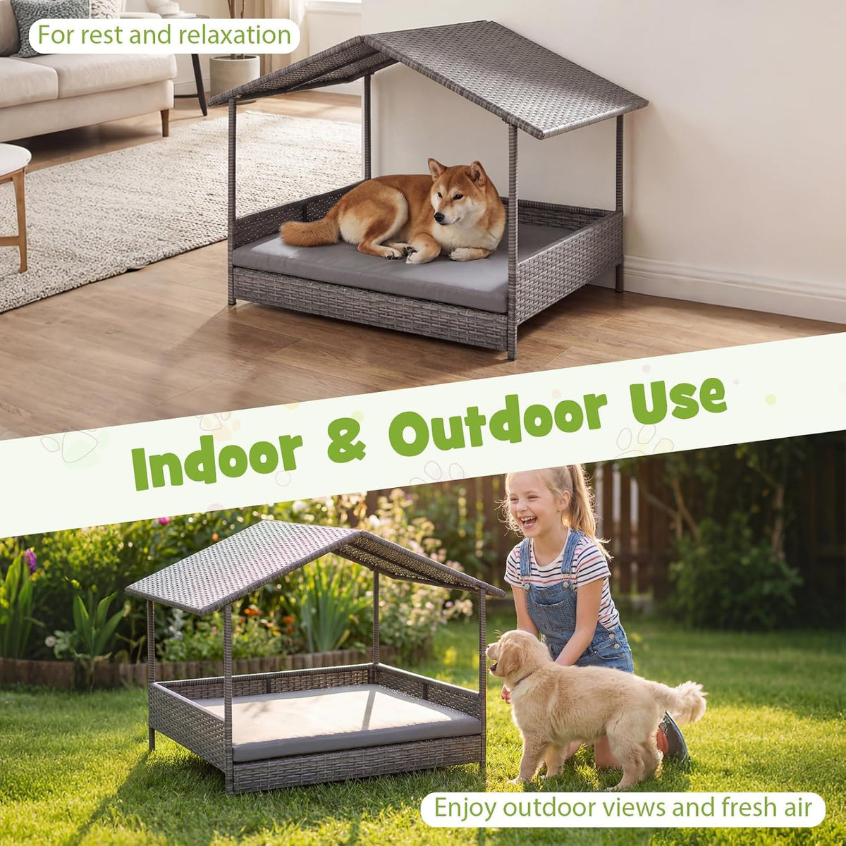 giantex outdoor wicker dog house with roof canopy, close-up detail