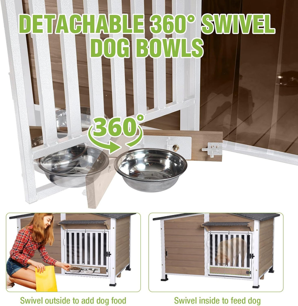 heated dog house for outdoor use with matel, side view
