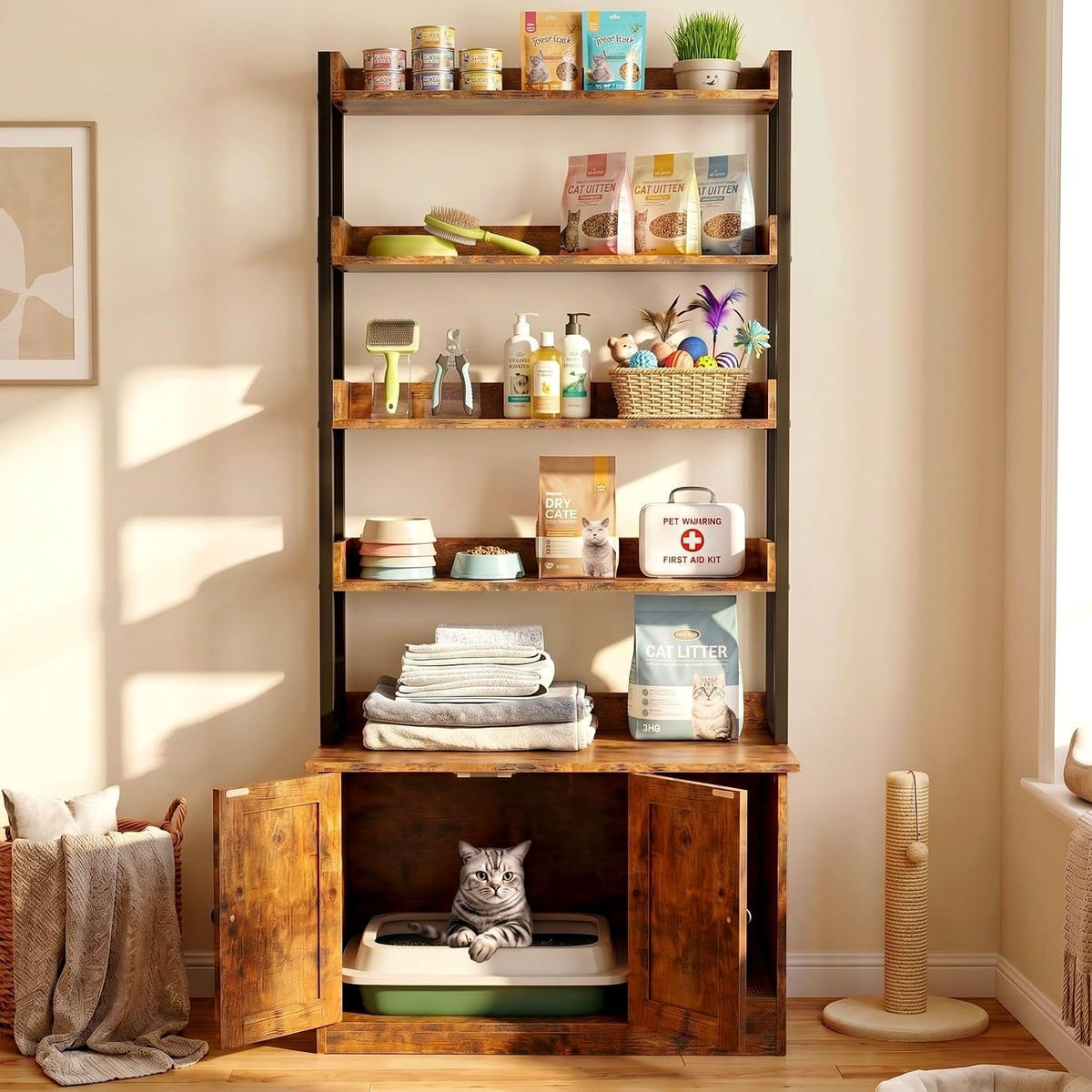 ironck litter box enclosure with 4 shelves and, side view
