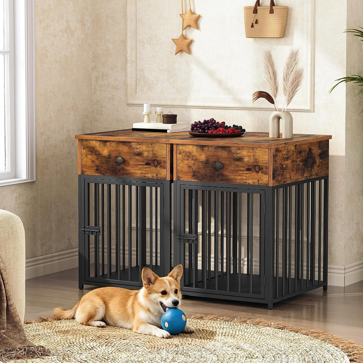 hoobro dog crate furniture, wooden dog house, decorative, side view